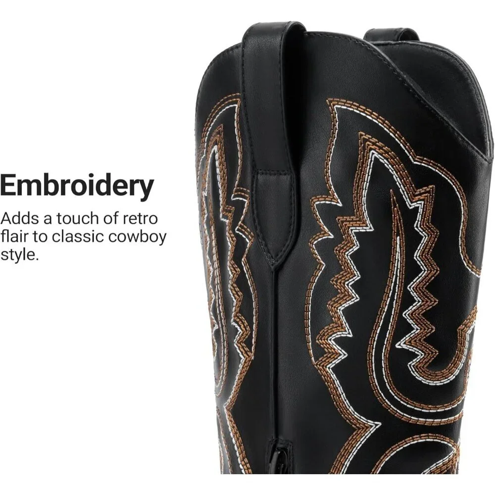 Women's Black Square Toe Comfortable Side Zipper Tall Cowboy Knee High Boots